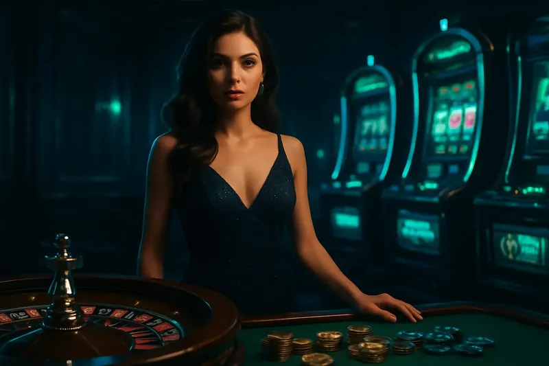 Elegant woman near roulette and slot machines in luxury casino