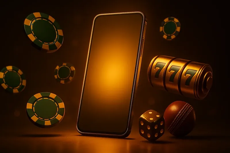 Glowing smartphone with casino chips, slot reels, dice, and cricket ball